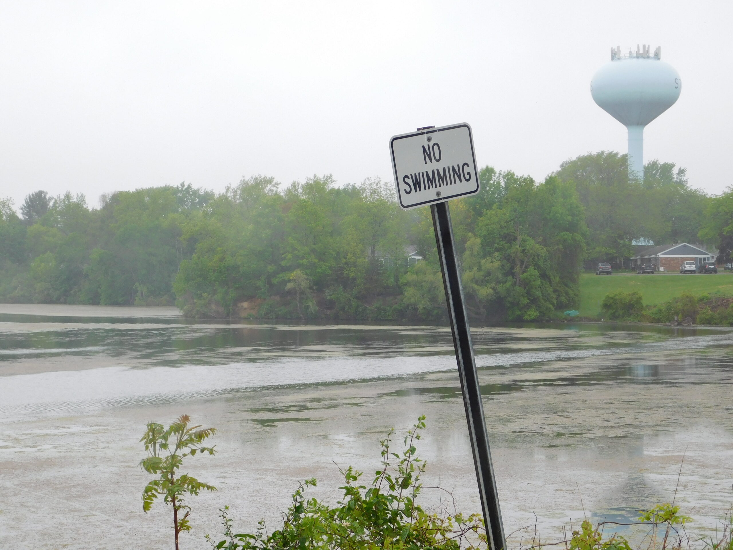 A “no swimming” sign posted along the banks of the Pine River in St. Louis, Michigan.