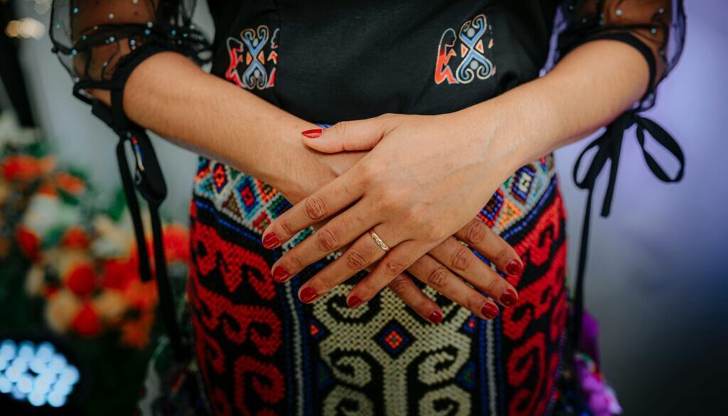pregnant woman in a colorful dress