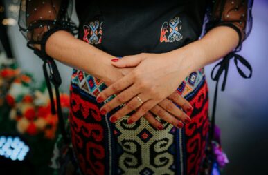 pregnant woman in a colorful dress