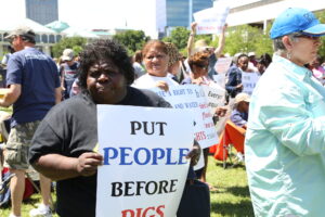 A rally against industrial hog farming in North Carolina.