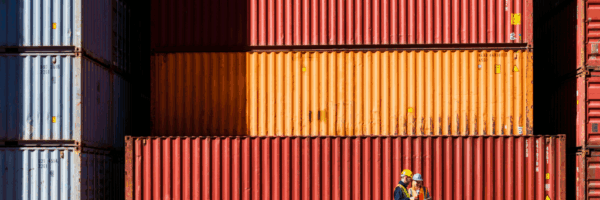 High res image-Workers in front of transportation cargo containers High res image-Workers in front of transportation cargo containers
