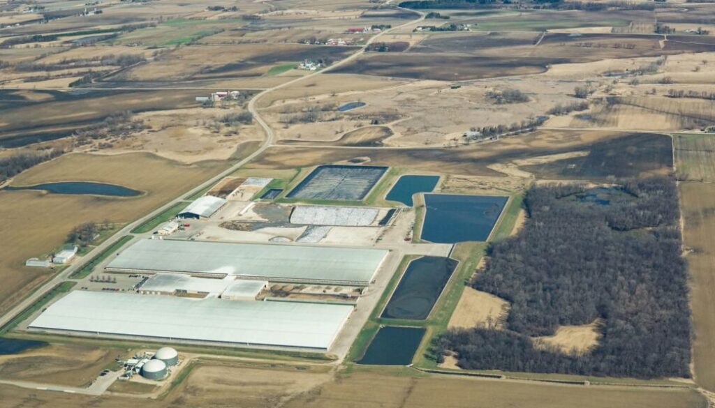 Aerial view of Rosendale Dairy, a CAFO (concentrated animal feeding operation) in Rosendale, Wisconsin.