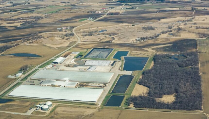 Aerial view of Rosendale Dairy, a CAFO (concentrated animal feeding operation) in Rosendale, Wisconsin.
