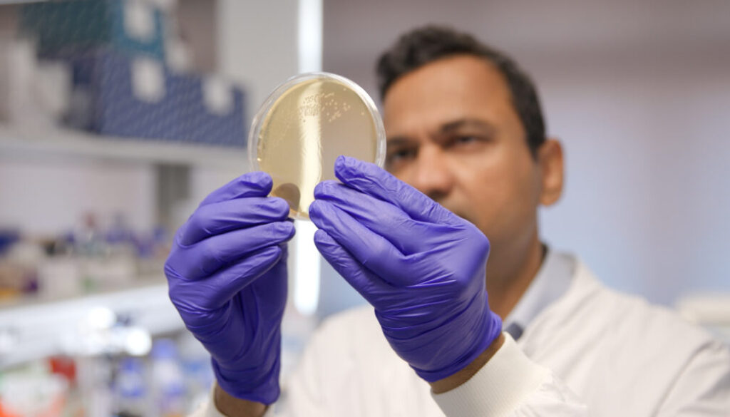 1. Kiran Patil no laboratório. Crédito: Jonathan Settle, Universidade de Cambridge.