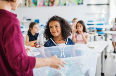 children recycling plastic